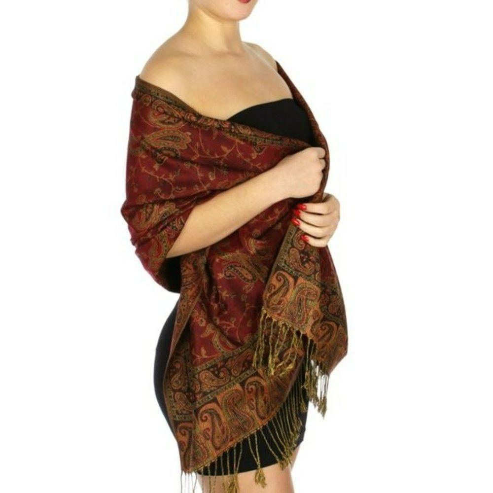 NWT Gorgeous Reversible Paisley Fringed Pashmina Shawl Evening Wrap - Picture 3 of 7